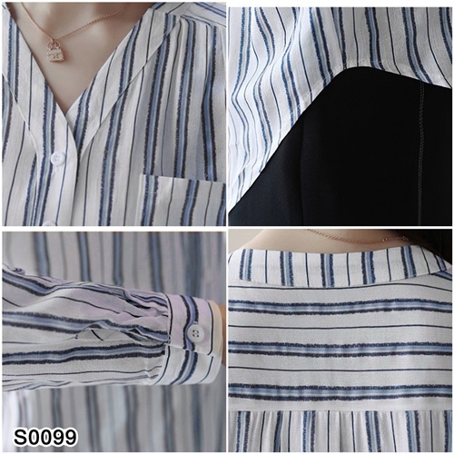 S0099 เสื้อเชิ้ตผ้าชีฟองเนื้อดีเทลคอวีลายทางสีฟ้าขาว