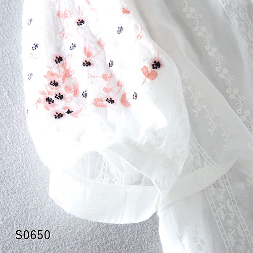 S0650 เสื้องานปักผ้าคอตตอนผสมฝ้าย ดอกไม้ปักนูน
